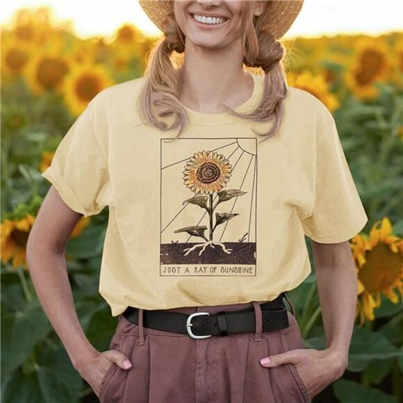 Yellow Boho Floral Graphic Print T-Shirt Cute Sunflower TShirt Tee Tops - Picture 3 of 5